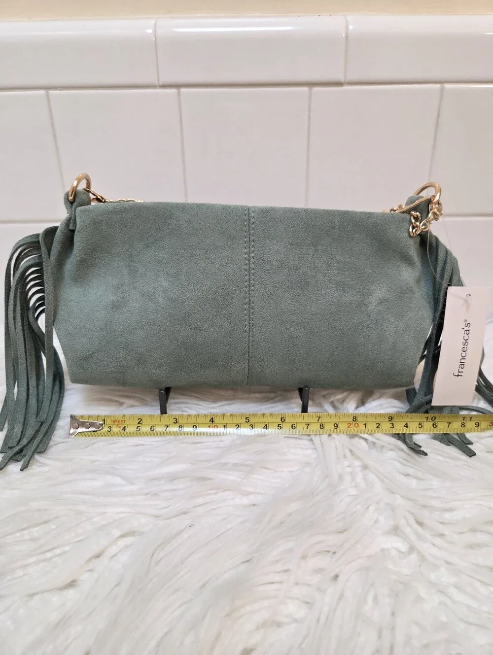 Francesca's Collections Sage Green Faux Suede Fringe Crossbody